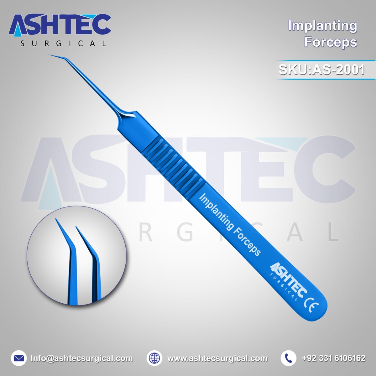 Hair Implanting Forceps, 45° Angled with 5mm Tip, 11cm, Sharp Tip, Blue Color Coated, Finish - Image 1