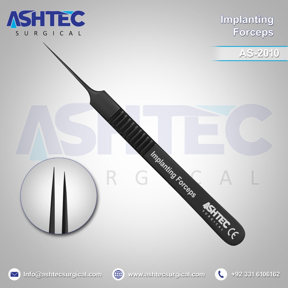 Hair Implanting Forceps, Straight, 11cm, Sharp Tip, Black Coating, Finish (AS-2010) - Image 1