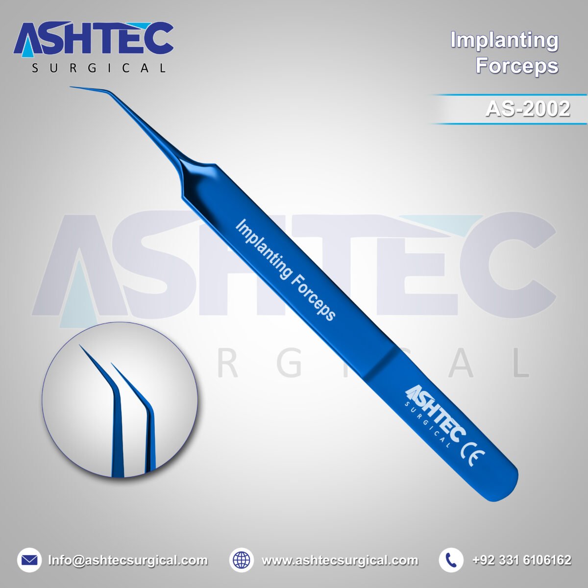 Hair Implanting Forceps, 45° Angled with 7mm Tip, 11cm, Sharp Tip, Blue Color Coated, Finish (AS-2002) - Image 1