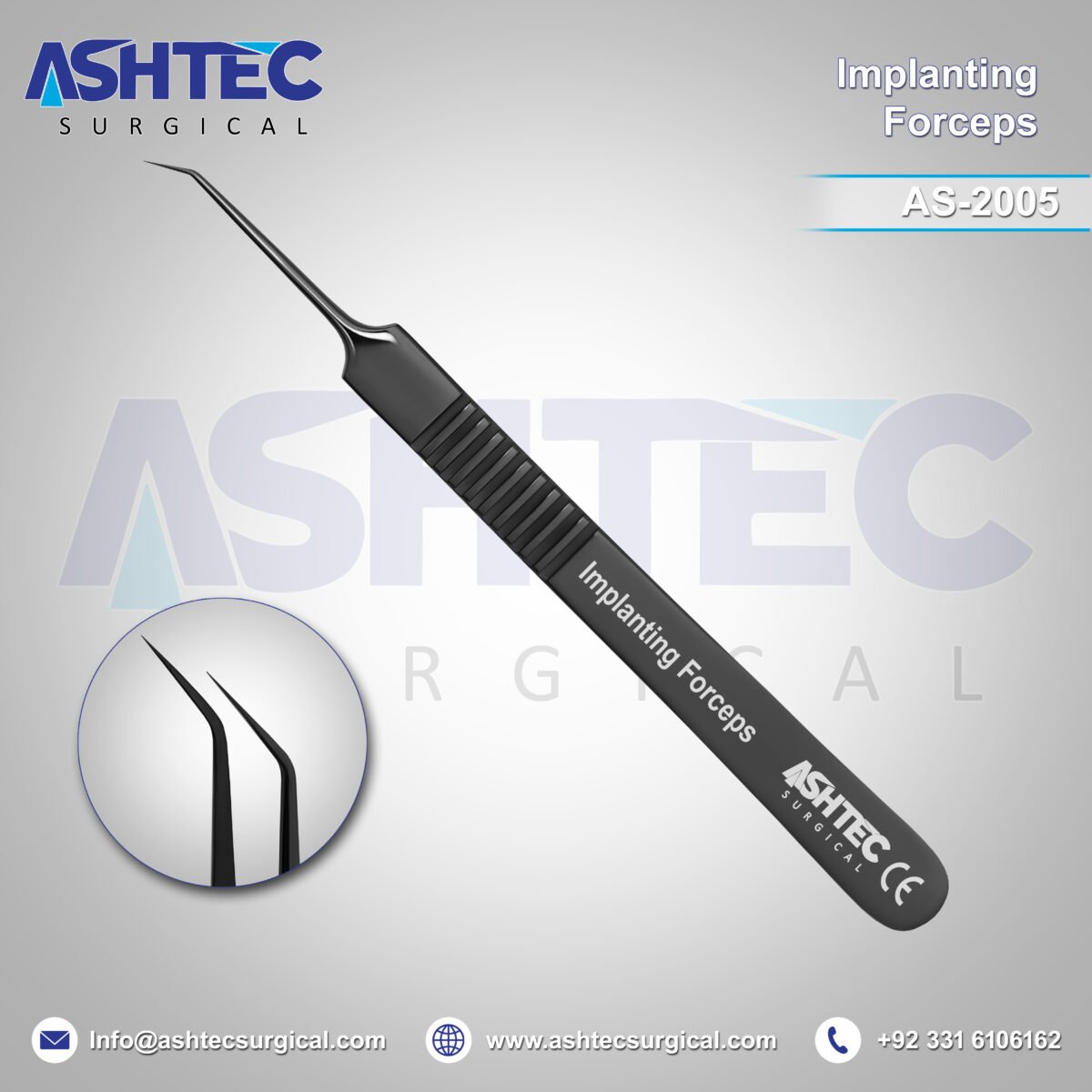 Hair Implanting Forceps, 45° Angled with 5mm Tip, 11cm, Sharp Tip, Black Coated Finish  (AS-2005) - Image 1