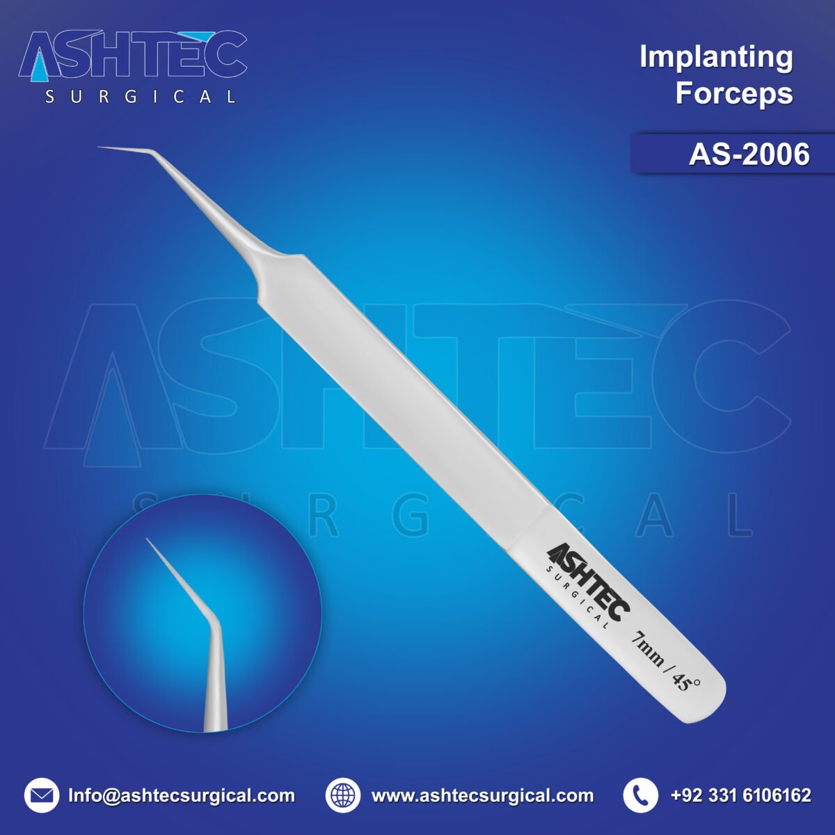 Hair Implanting Forceps, 45° Angled with 7mm Tip, 11cm, Sharp Tip, Satin Finish (AS-2006) - Image 1