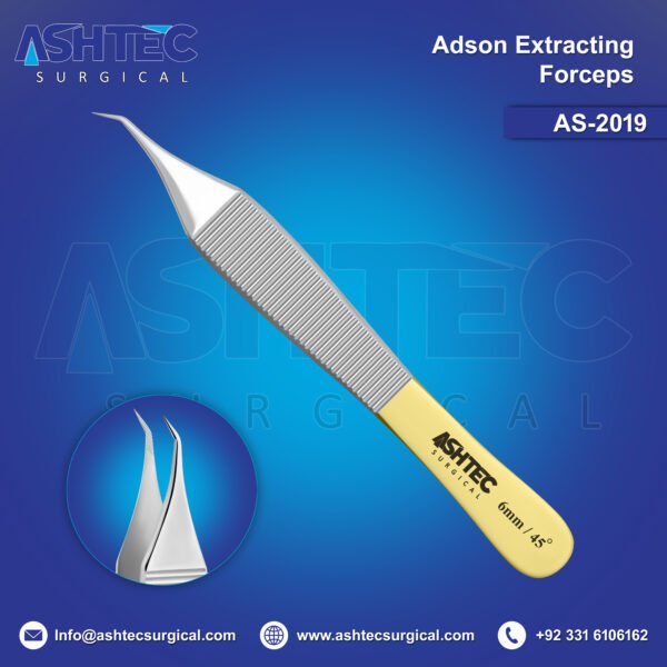 Hair Extracting Forceps (Adson) with Soft Serrations, 45° Angled with 5.5mm Fine Tip, 12cm, Ended Full Gold Coating (AS-2019)