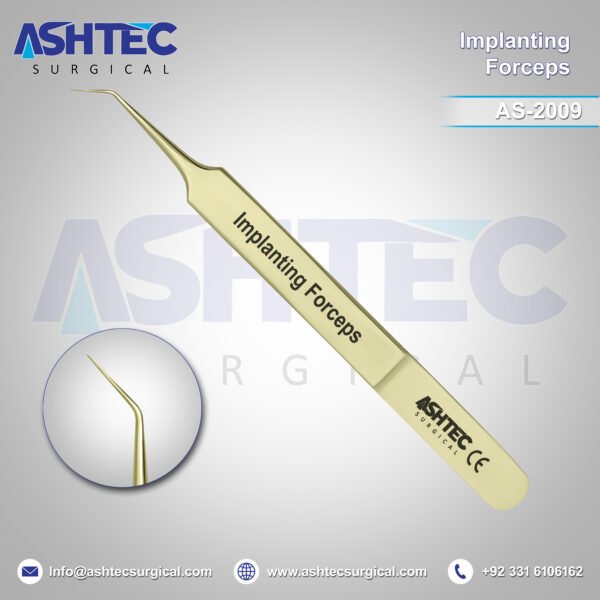 Hair Implanting Forceps, 45° Angled with 7mm Tip, 11cm, Sharp Tip, Full Gold Color Coated (AS-2009)