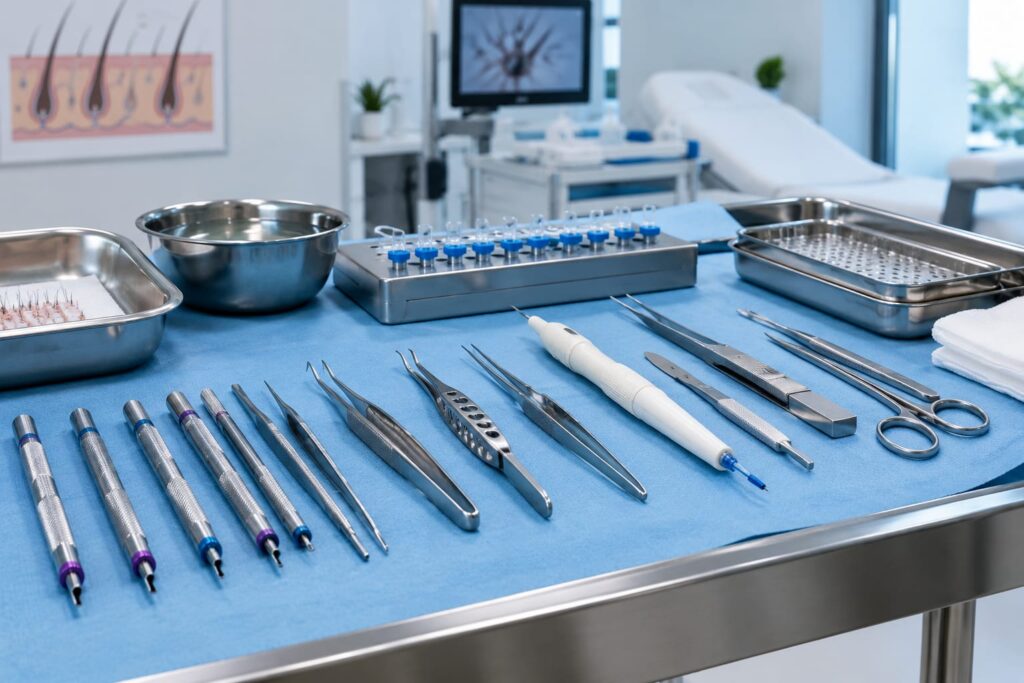 Essential Hair Restoration Tools for a Professional Clinictools including FUE punches, forceps and DHI implanter