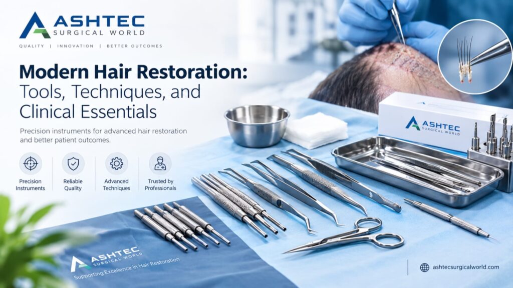 Modern hair restoration tools and instruments for FUE and DHI procedures