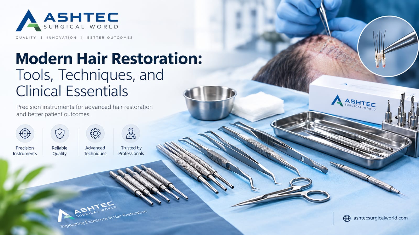 Modern hair restoration tools and instruments for FUE and DHI procedures